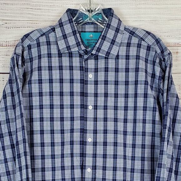 Christian Aujard Paris Blue Plaid Check Shirt Sz L Long Sleeve Buttoned Collared - Picture 4 of 10